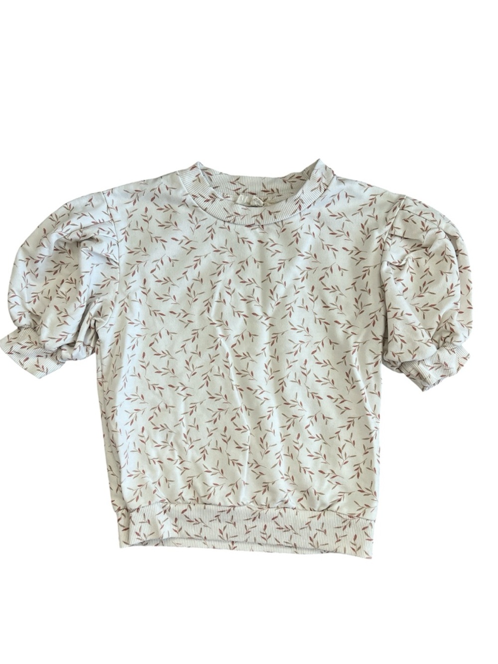 Girls Puff Sleeve Floral Print Top - Cream with Rust Accents Size 5/6